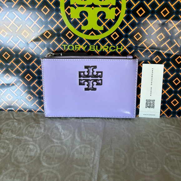 Tory Burch Britten Patent Zip Card Case Mini Wallet Lavender Silver Light Purple - Picture 1 of 8
